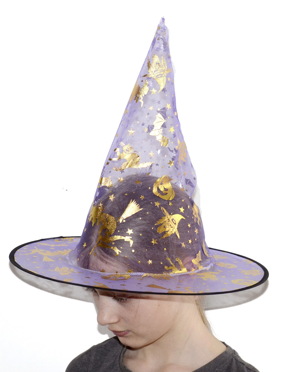 Колпак карнавальный на Хеллоуин фиолетовый с золотом
