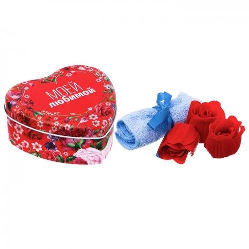 Розы из  мыла "Моей любимой": 5 мыльных лепестков и полотенце в шкатулке, фото 1