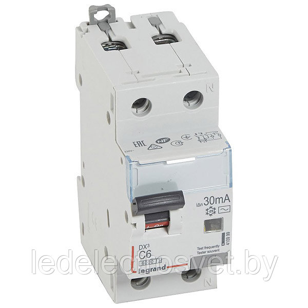 Дифф. авт. выключатель DX3, электромеханический, 1P+N, 6A, хар-ка C, 6kA, 30mA, тип AC, 2M