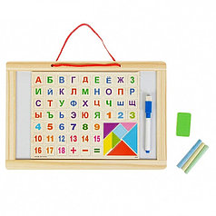 Детская доска для рисования двусторонняя магнитная с набором букв и цифр. В деревянной оправе 33,5*22,5
