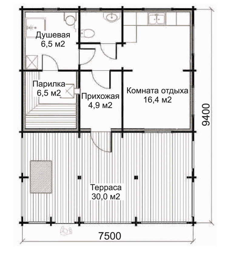 Баня из бруса с большой террасой 7,5х9,4 м ЛБ-7 - фото 2 - id-p148106499