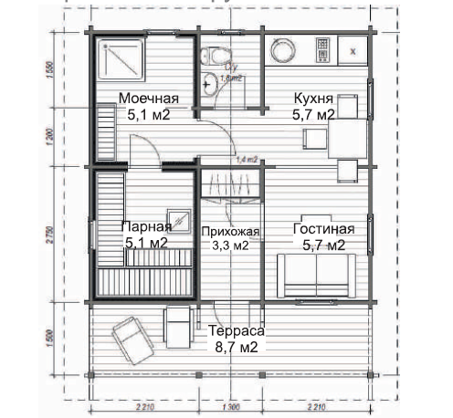 Баня из мини бруса с террасой 7х5,7 м ЛБ-10 - фото 2 - id-p148106540