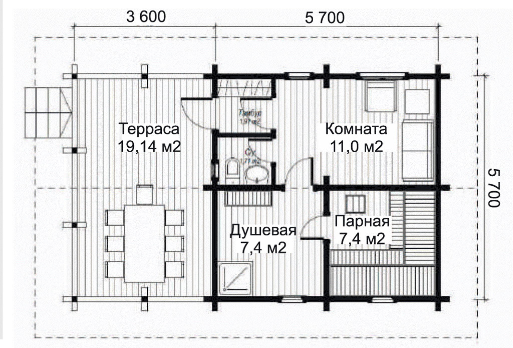 Баня из бруса с большой террасой 9,3х5,7 м ЛБ-11 - фото 2 - id-p148106577