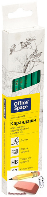 Карандаш чернографитный OfficeSpace, пластиковый, заточенный, HB, с ластиком, арт.260820 - фото 2 - id-p148142886