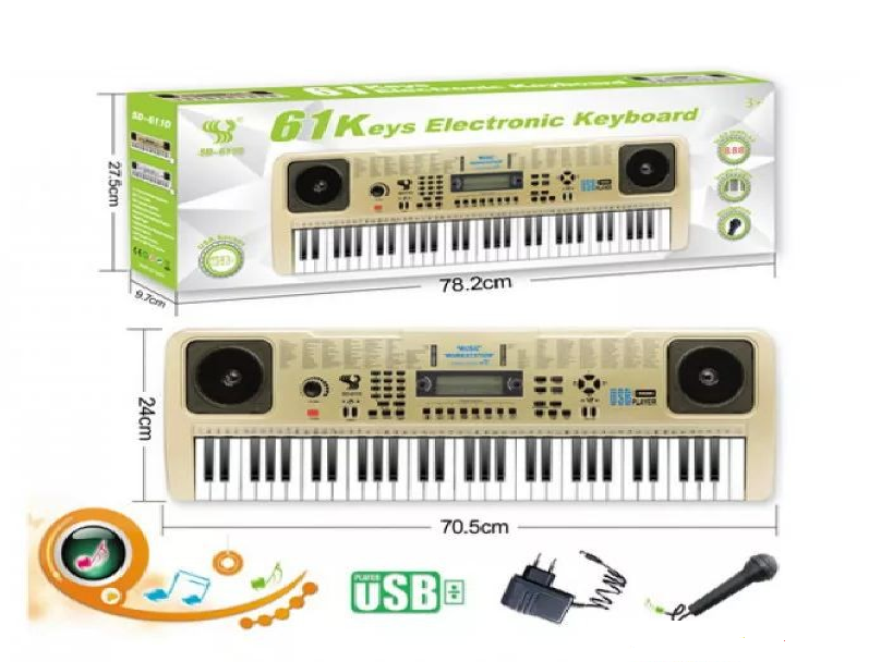 Синтезатор пианино, USB, 61 клавиша, с микрофоном, работает от сети SD6110A - фото 1 - id-p148145268