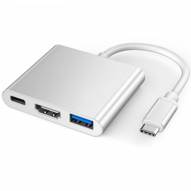 Адаптер - переходник - хаб USB3.1 Type-C на HDMI - USB3.1 Type-C - USB3.0, серебро 555068