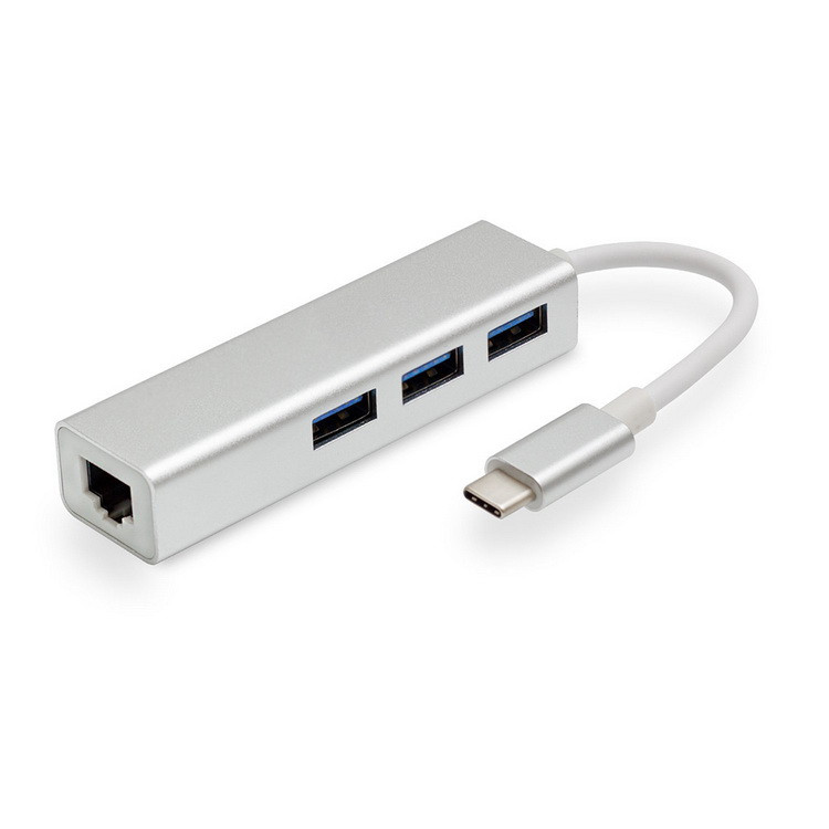 Адаптер - переходник - хаб USB3.1 Type-C на 3x USB3.0 - RJ45 (LAN) до 100 Мбит/с, серебро 555612