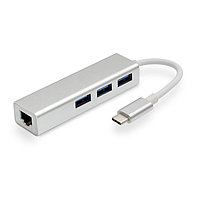 Адаптер - переходник - хаб USB3.1 Type-C на 3x USB3.0 - RJ45 (LAN) до 100 Мбит/с, серебро 555612