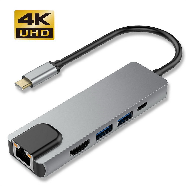 Адаптер - переходник - хаб 5in1 USB3.1 Type-C на HDMI - 2x USB3.0 - USB3.1 Type-C - RJ45 (LAN) до 1000 Мбит/с, - фото 2 - id-p138002117
