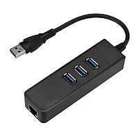 Адаптер - переходник - хаб USB3.0 - 3x USB3.0 - RJ45 (LAN) до 1000 Мбит/с, черный 555620