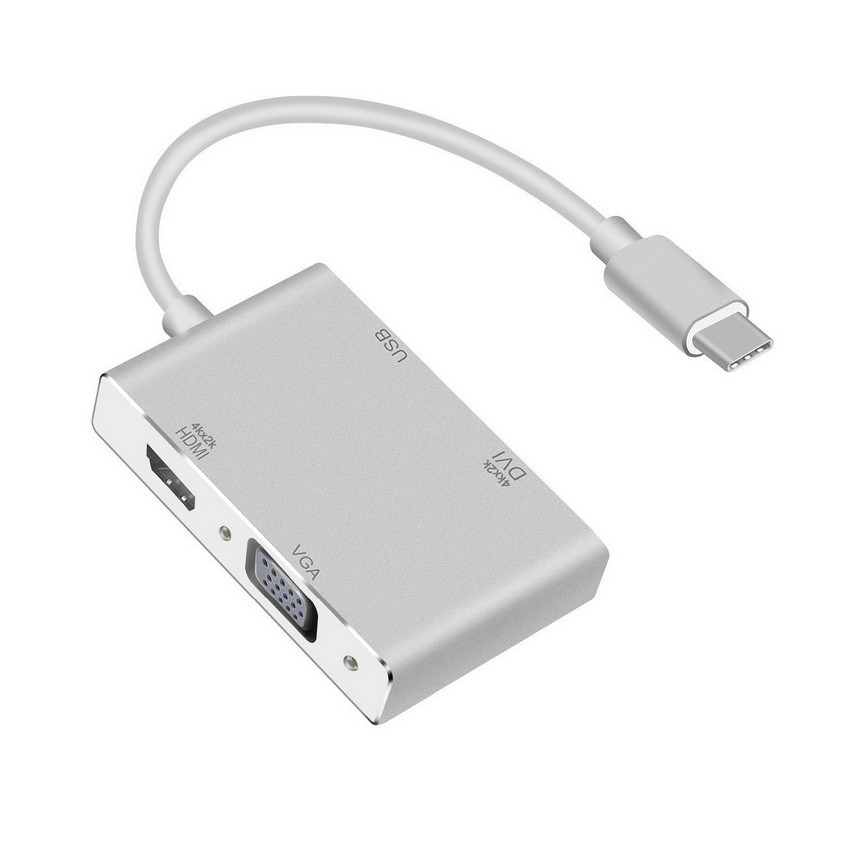 Адаптер - переходник - хаб 4in1 USB3.1 Type-C на HDMI - VGA - DVI - USB3.0, серебро 555697 - фото 1 - id-p138002201