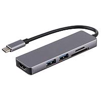 Адаптер - переходник - хаб 5in1 USB3.1 Type-C на HDMI - 2x USB3.0 - картридер TF/SD, серый 555702