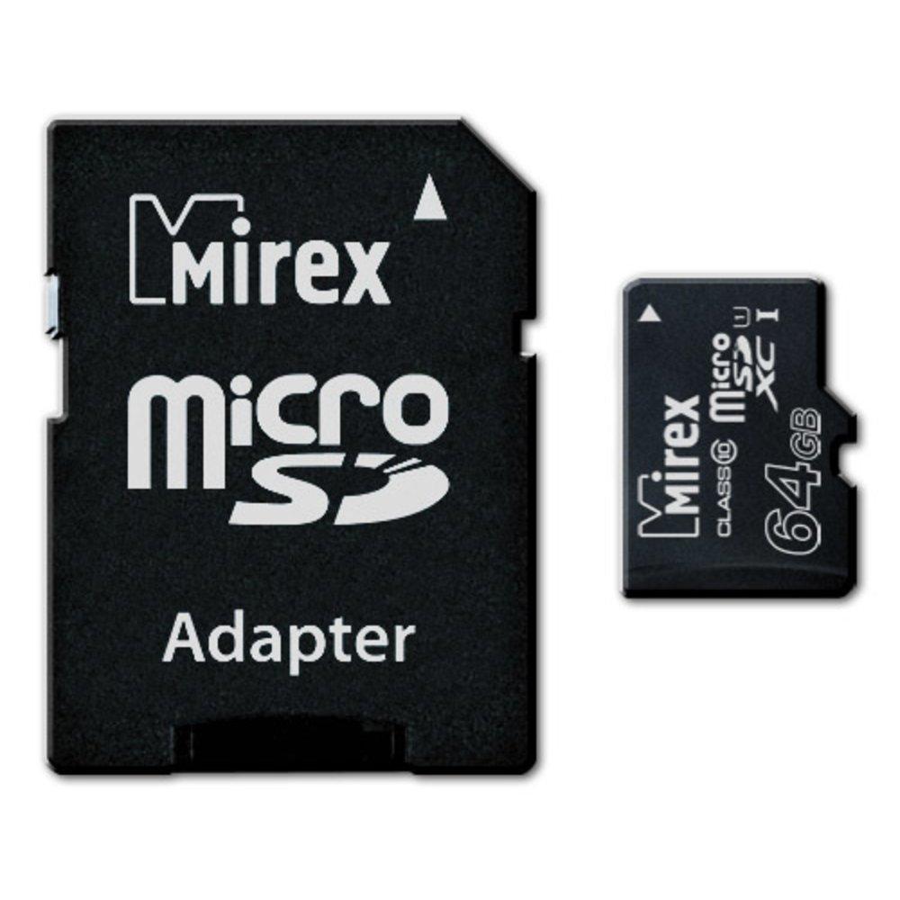 Карта памяти MicroSDXC UHS-I 64Gb MIREX (13613-AD10SD64), класс 10, SD-адаптер 555349