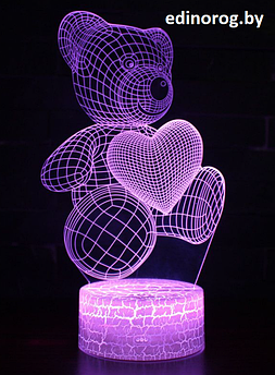 Светильник 3D Мишка с сердечком, 7 режима.