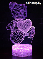 Светильник 3D Мишка с сердечком, Пульт, 16 цветов.