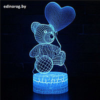 Светильник 3D Мишка с сердцем шариком.16 цветов, пульт.
