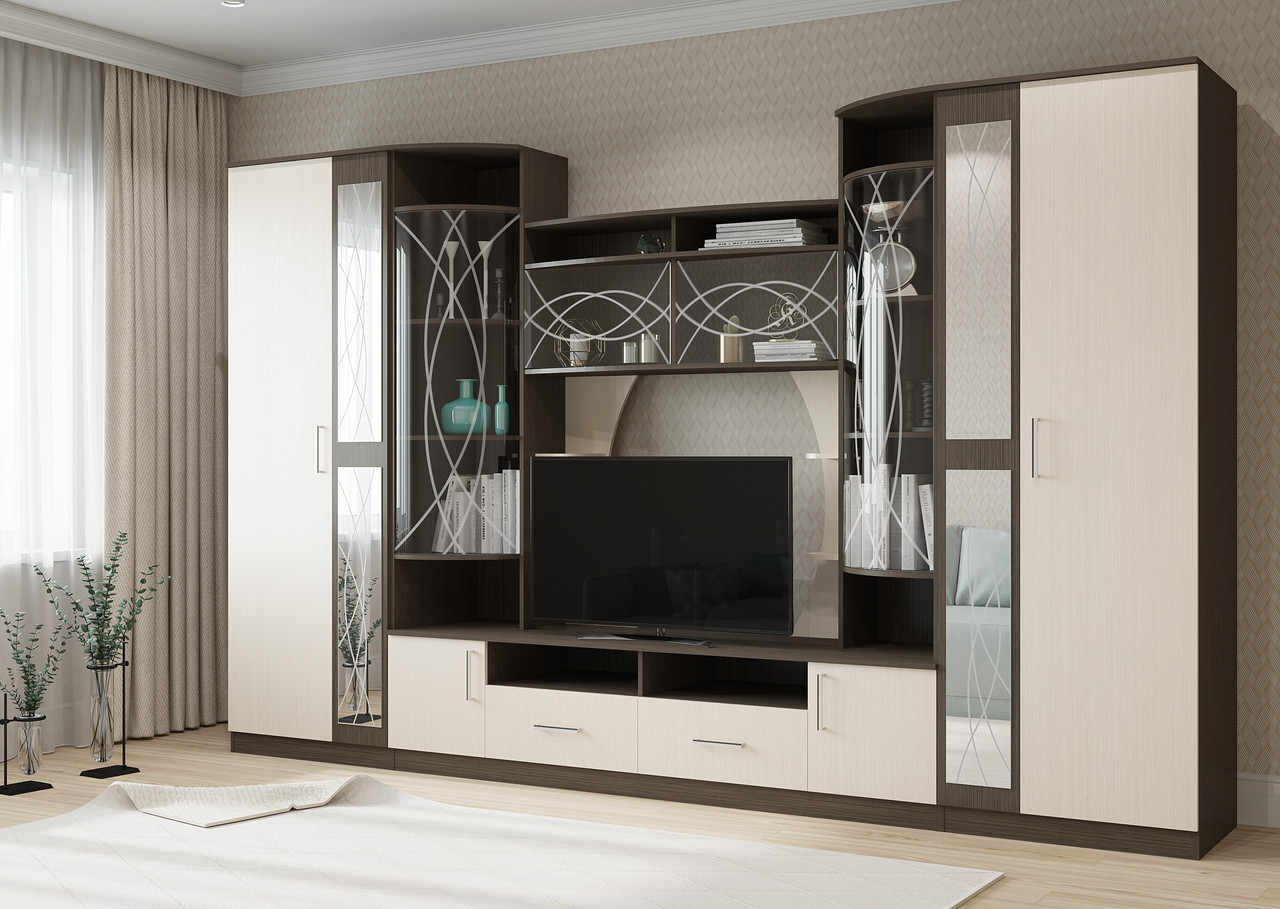 Гостиная «Атланта с зеркалами - Венге / Дуб (Горизонт)