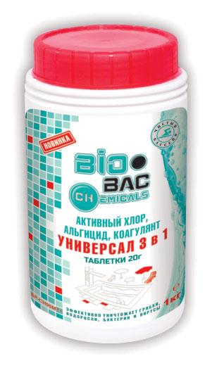 Универсал 3 в 1 (хлор, альгицид, коагулянт) в таблетках по 20 гр 1кг.BIOBAC РФ