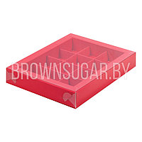 Коробка для 12 конфет Красная матовая с пластиковой крышкой (Россия, 190х150х30 мм)