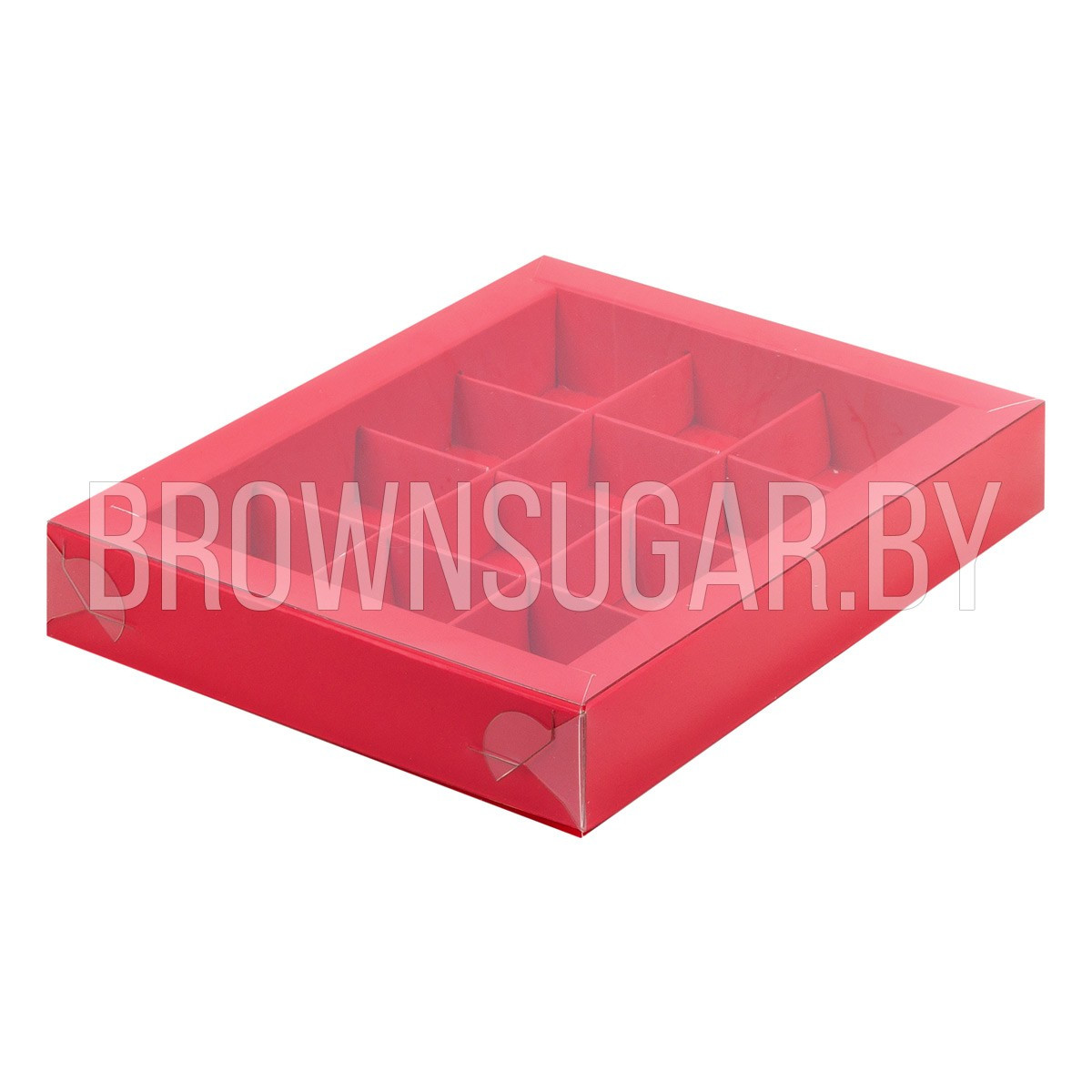 Коробка для 12 конфет Красная матовая с пластиковой крышкой (Россия, 190х150х30 мм) - фото 1 - id-p149157961