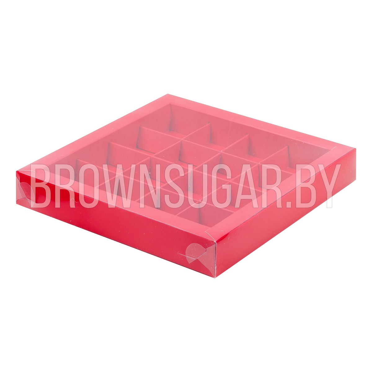 Коробка для 16 конфет Красная матовая с пластиковой крышкой (Россия, 200х200х30 мм) - фото 1 - id-p149157965