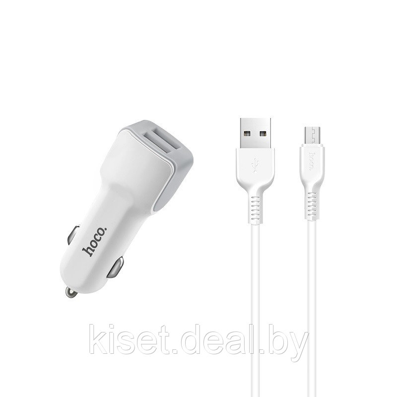 Автомобильное зарядное устройство HOCO Z23 2USB 2.4A с кабелем microUSB белое - фото 1 - id-p149226206