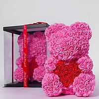 Мишка из роз - Розовый с красным сердечком - С доставкой по РБ