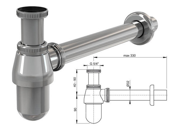 Сифон для умывальника O32, цельнометаллический, с накидной гайкой 5/4, Alcaplast, фото 2