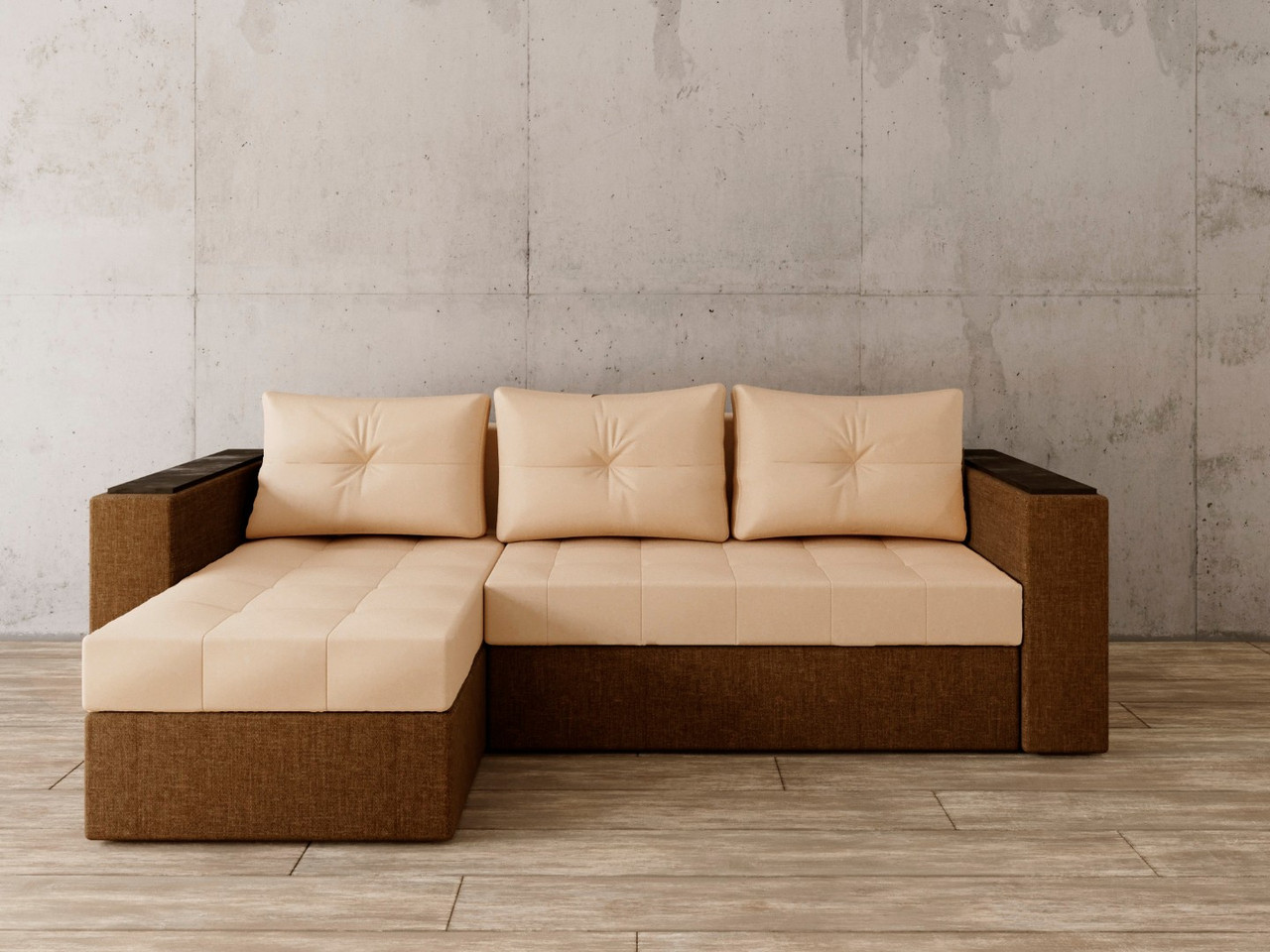 Угловой диван Константин с декором бежевая экокожа/коричневая рогожка