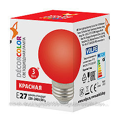 LED-G60-3W/RED/E27/FR/С Лампа декоративная светодиодная. Форма "шар", матовая : Цвет красный. Картон. ТМ