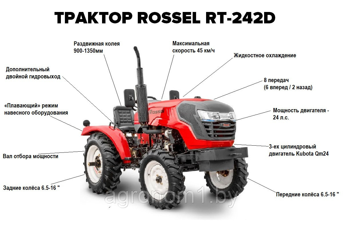 Трактор Rossel RT-242D ( Три цилиндра; 24 л.с., BOM, Блок. Колёс. Рег. Колея) - фото 3 - id-p94479273