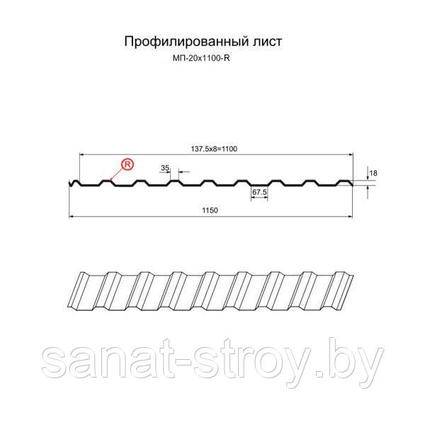 Профилированный лист МП-20x1100-R (ОЦ-01-БЦ-СТ) - фото 2 - id-p149887855