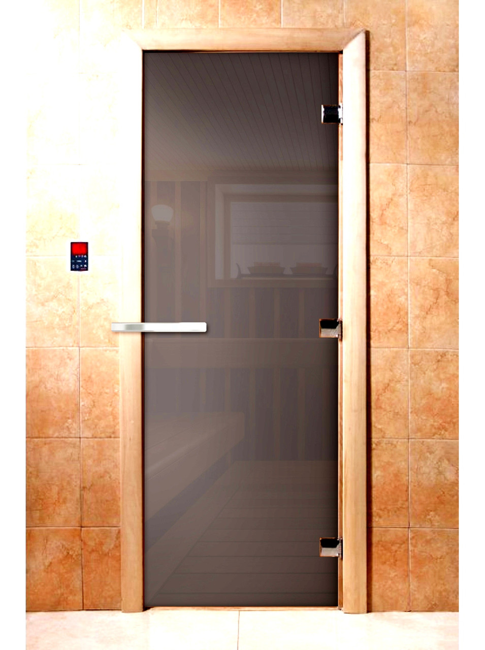 Дверь DOORWOOD 700х1900, "Сумерки" (стекло 8 мм, графит прозрачный, деревянная ручка)