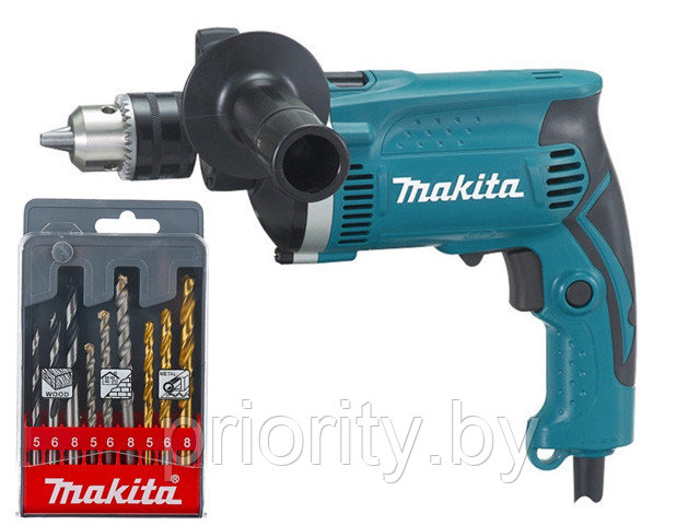 Дрель ударная MAKITA HP 1630 в кор. + Набор сверл смеш. 9шт (дер., мет., бет.) MAKITA (D-08660) (710 Вт,