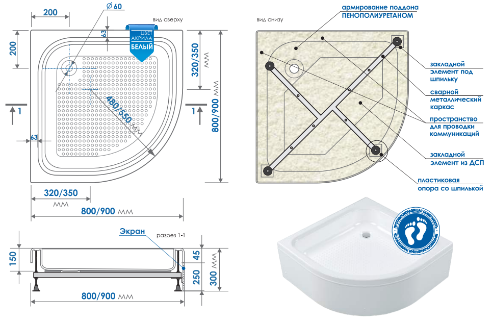 Акриловый душевой поддон Метакам Classic S 90*90 - фото 3 - id-p150296384