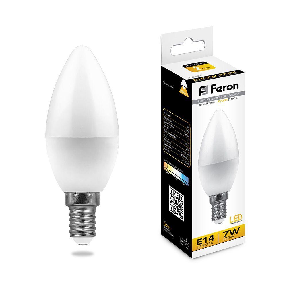 Лампа светодиодная Feron LB-97 Свеча E14 7W 2700K 25475 - фото 1 - id-p150364270