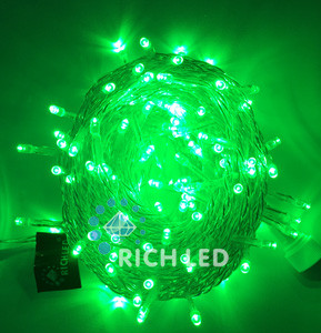 Светодиодная гирлянда Rich LED 10 м, 100 LED, 24 В, соединяемая, зеленая, прозрачный провод