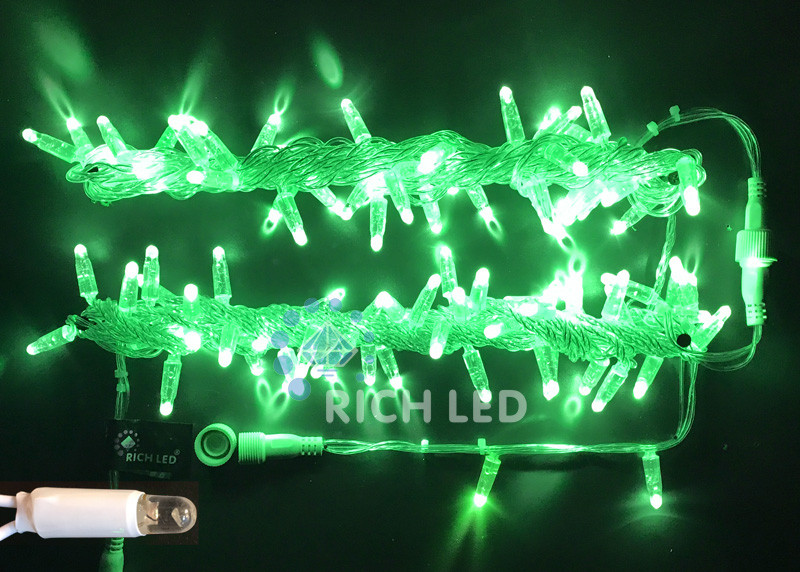 Светодиодная гирлянда Rich LED 10 м, 100 LED, 220 В, соединяемая, влагозащитный колпачок, зеленая, прозрачный