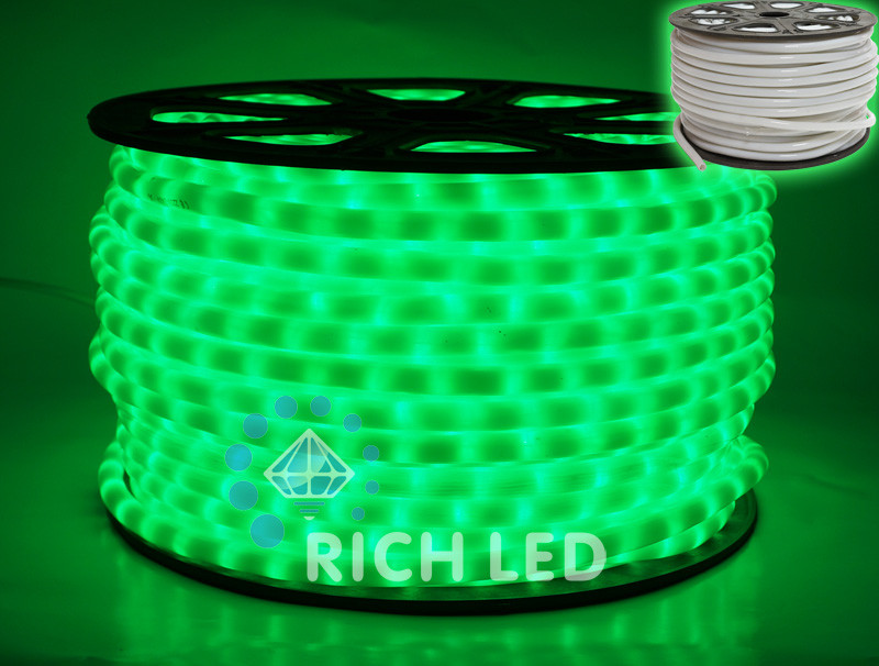 Светодиодный дюралайт Rich LED, 2-х проводной, матовый, зеленый, кратность резки 1 метр,  диаметр 13 мм, 220