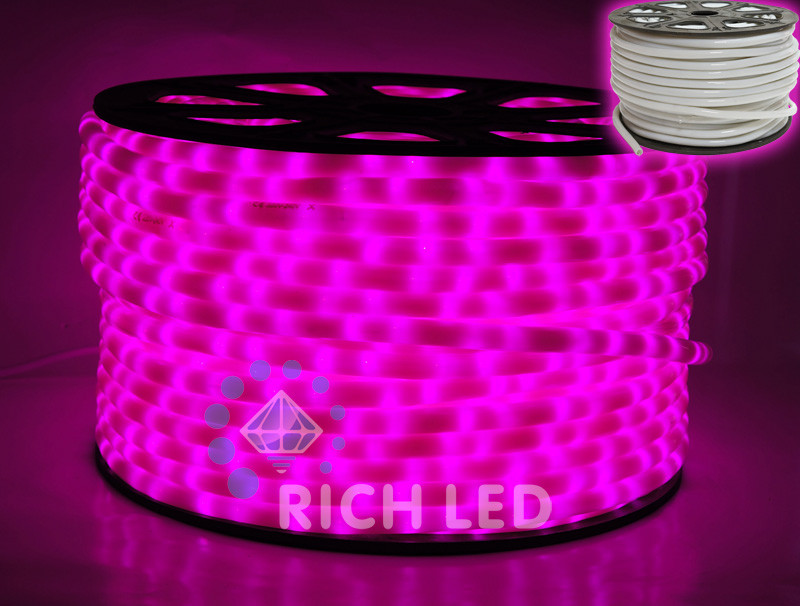 Светодиодный дюралайт Rich LED, 2-х проводной, матовый, розовый, кратность резки 1 метр,  диаметр 13 мм, 220