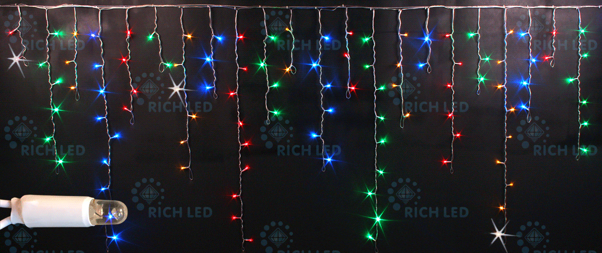 Светодиодная бахрома Rich LED, 3*0.9 м, влагозащитный колпачок, мерцающая, мульти, белый провод,