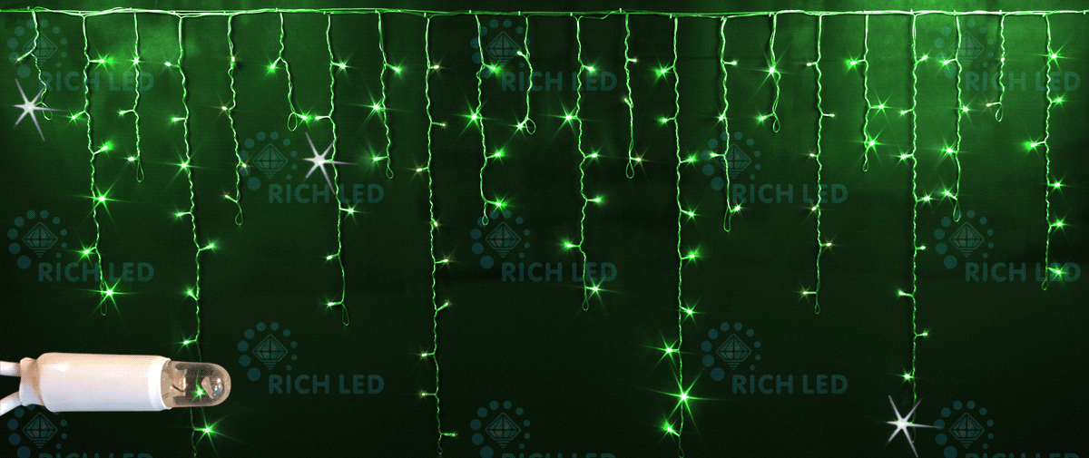 Светодиодная бахрома Rich LED, 3*0.9 м, влагозащитный колпачок, мерцающая, зеленая, белый провод,