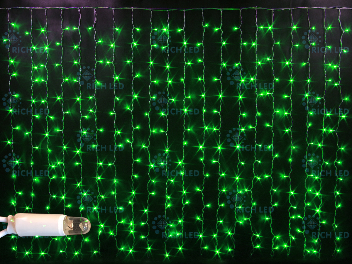 Светодиодный занавес (дождь) Rich LED 2*1.5 м облегченный, влагозащитный колпачок, зеленый, белый провод,