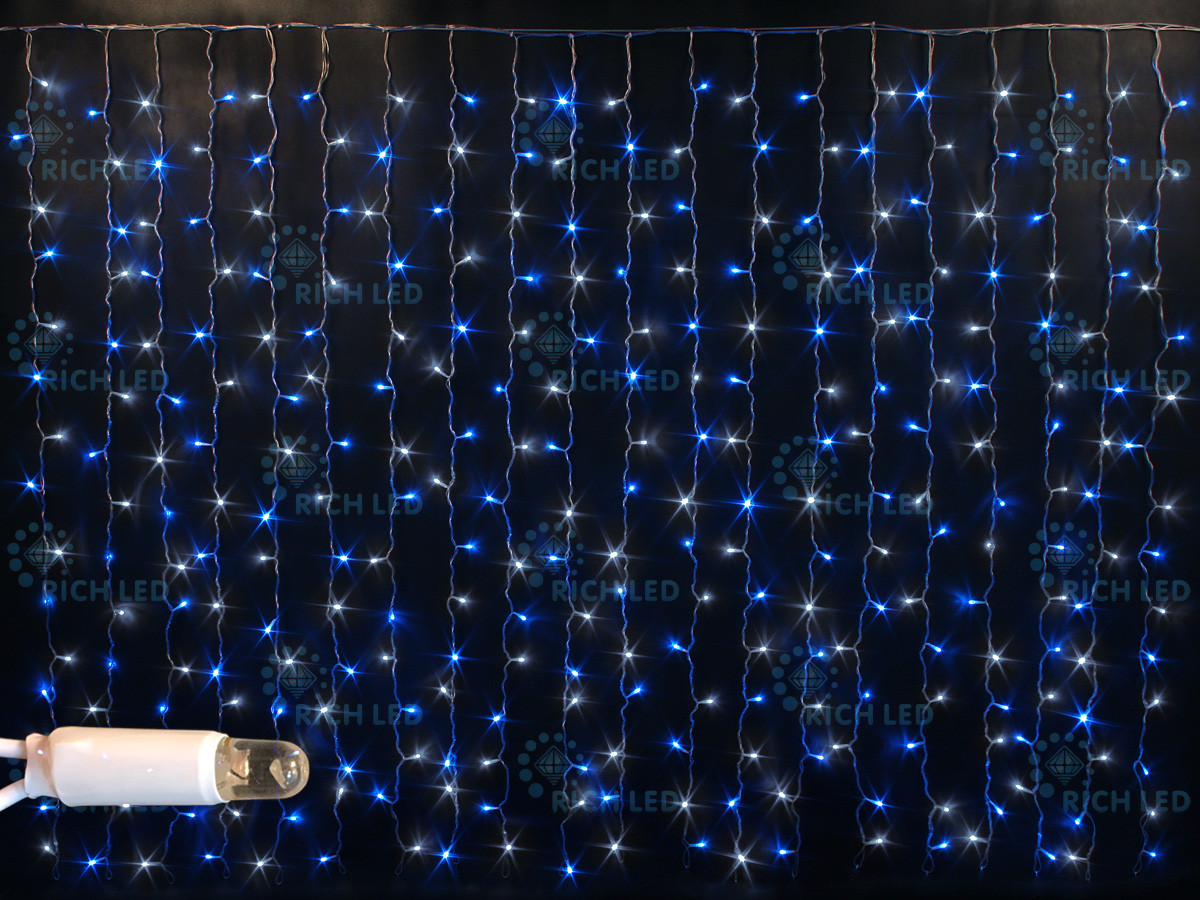 Светодиодный занавес (дождь) Rich LED 2*1.5 м облегченный, влагозащитный колпачок, сине-белый, белый провод,