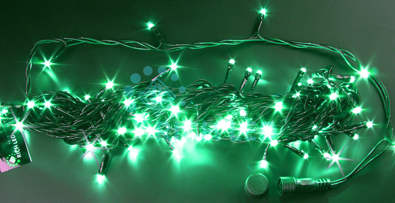 Светодиодная гирлянда Rich LED 10 м, 100 LED, 24 В, соединяемая, зелёная, мерцающая, черный провод,