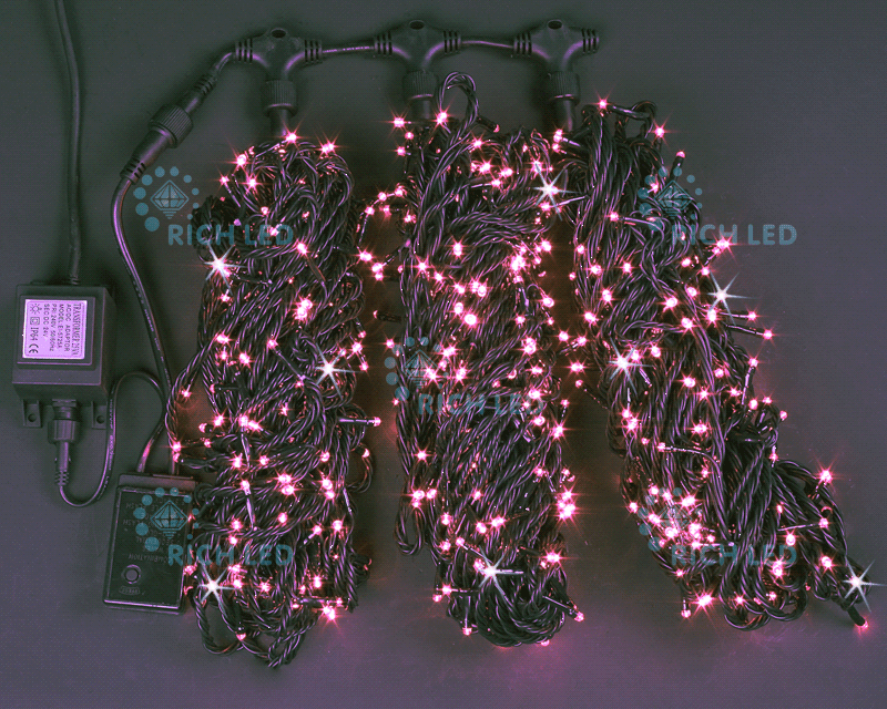 Светодиодная гирлянда Rich LED 3 Нити по 20 м, 600 LED, 24 В, розовая, мерцающая, черный провод,