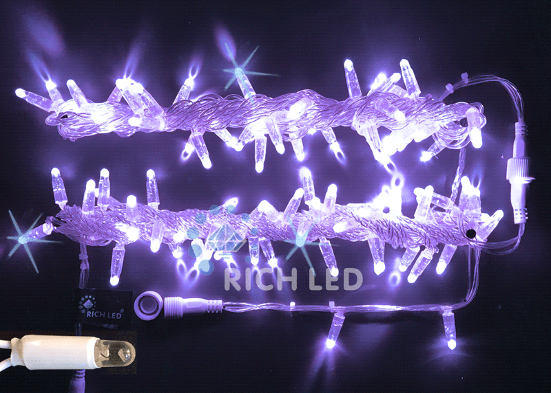 Светодиодная гирлянда Rich LED 10 м, 100 LED, 24В, соединяемая, влагозащитный колпачек, фиолетовая, мерцающая,