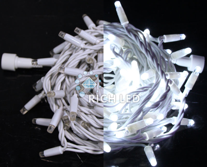 Светодиодная гирлянда Rich LED 10 м, 100 LED, 24 В, соединяемая, белая, белый резиновый провод,