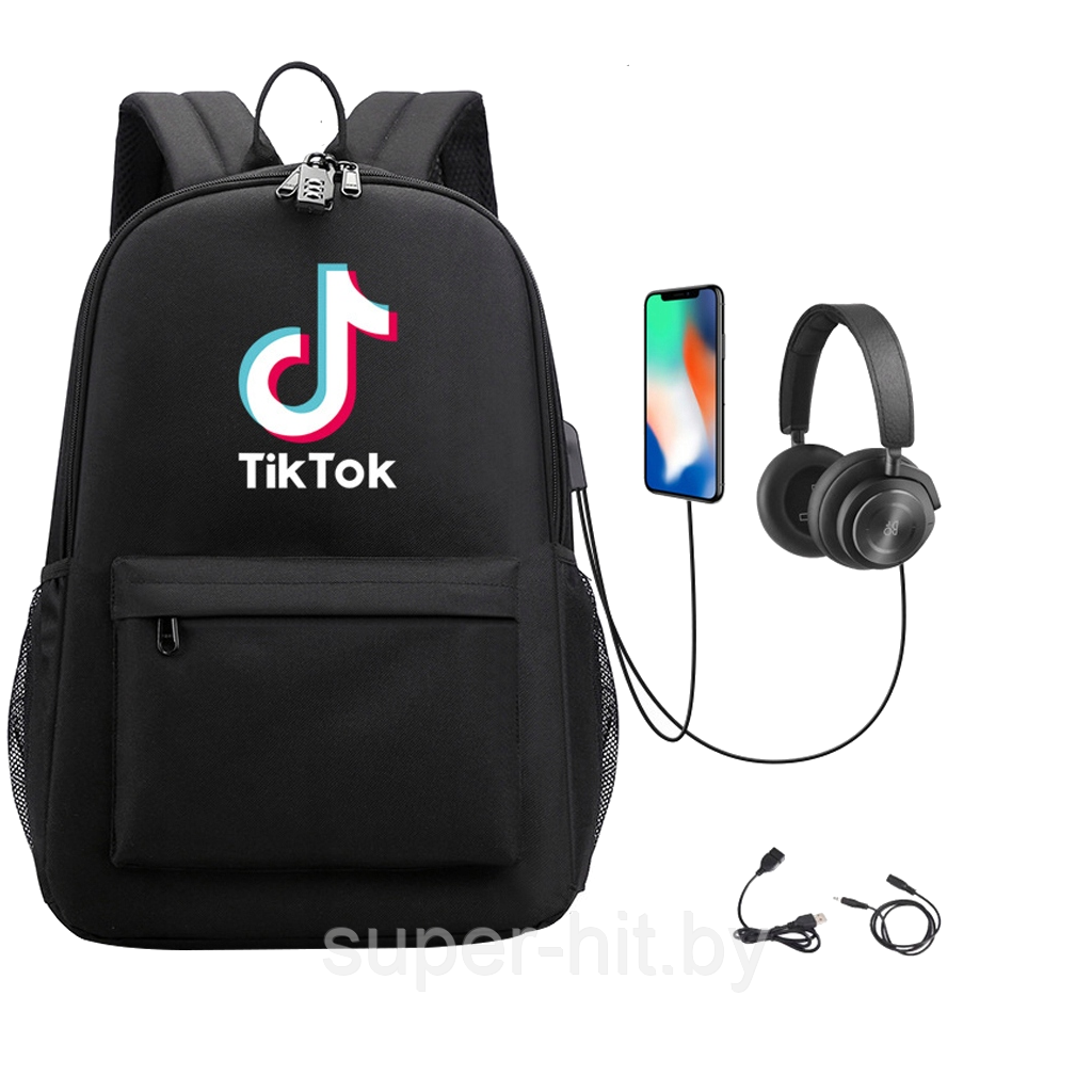 Рюкзак с зарядным кабелем и кабелем для наушников Tik Tok (цвета - черный, розовый) - фото 2 - id-p150853765