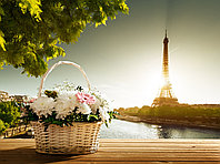 Фотообои "Париж, корзина с цветами, Эйфелева башня"